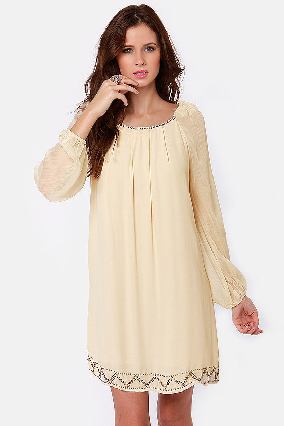 Lovely Beaded Dress Cream Dress Shift Dress 53.00 Lulus
