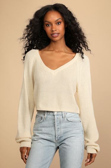 Cream Sweater Cropped Sweater V-Neck Sweater Top Lulus