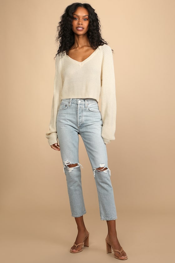 Fall is Calling Cream Knit V-Neck Cropped Sweater 5