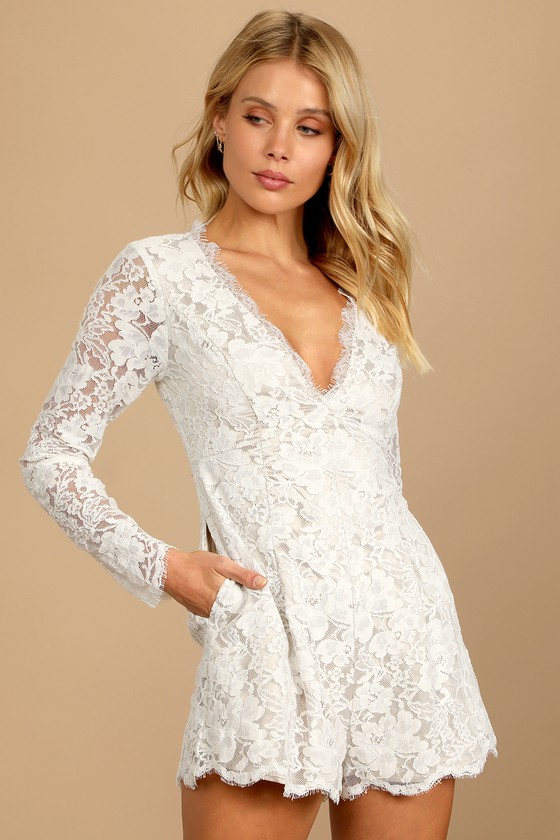 Looking Up To You Lace Long Sleeve Belted Romper (Off White)