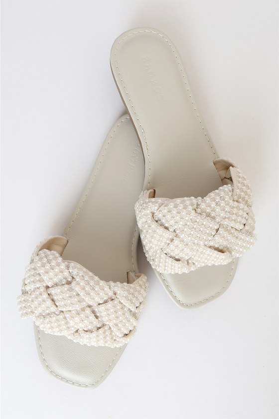Lulus Avalon Ivory Pearl Braided Flat Slide Sandal Heels