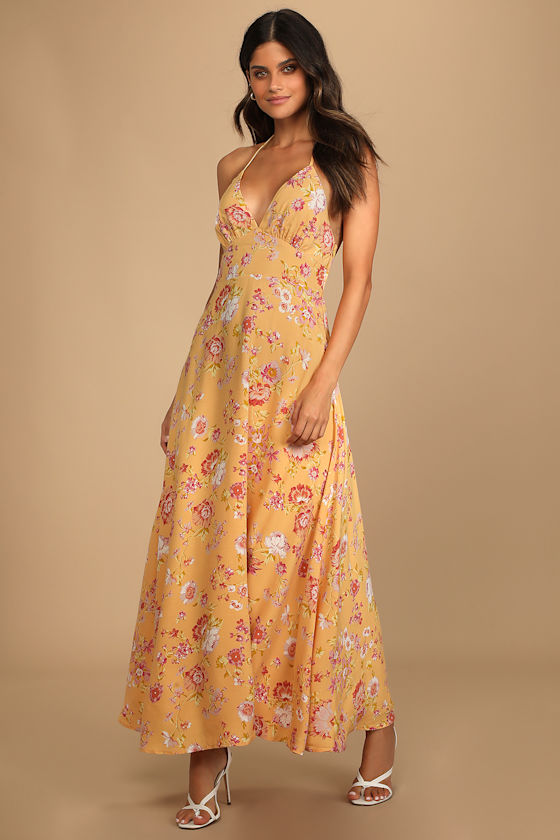 Orange Maxi Dress Floral Print maxi Dress Halter Dress Lulus