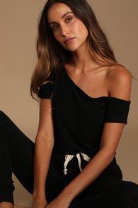 Relaxing Weekend Black Off-the-Shoulder Lounge Jumpsuit
