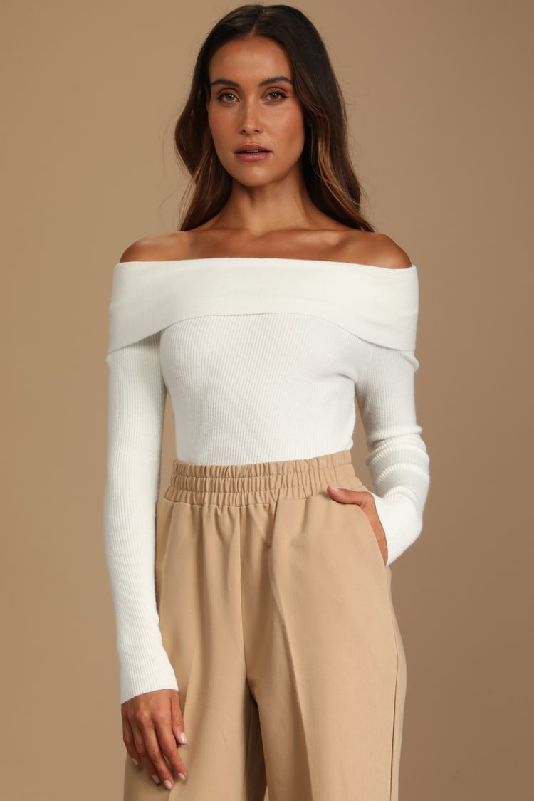 Villain Symphony Rejsebureau White Sweater - Off-the-Shoulder Sweater - Cropped Sweater - Lulus