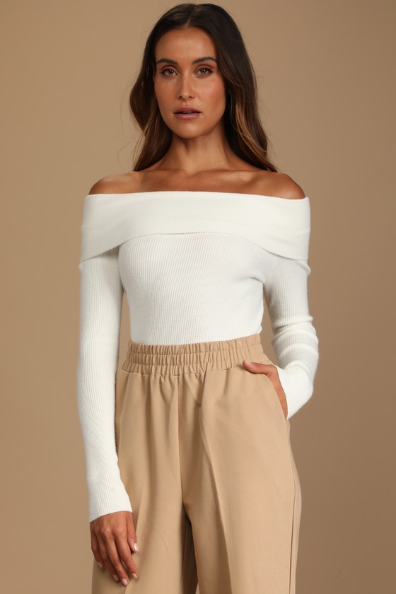 White Sweater OfftheShoulder Sweater Cropped Sweater Lulus