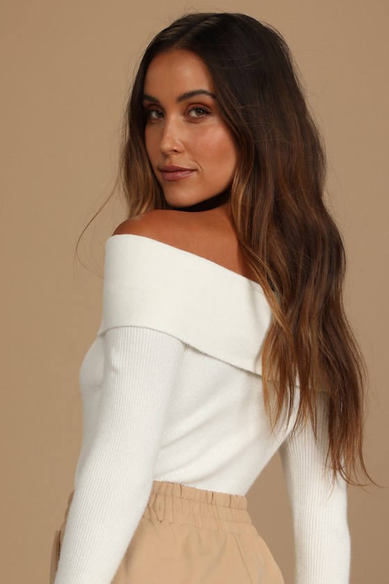 White Sweater OfftheShoulder Sweater Cropped Sweater Lulus