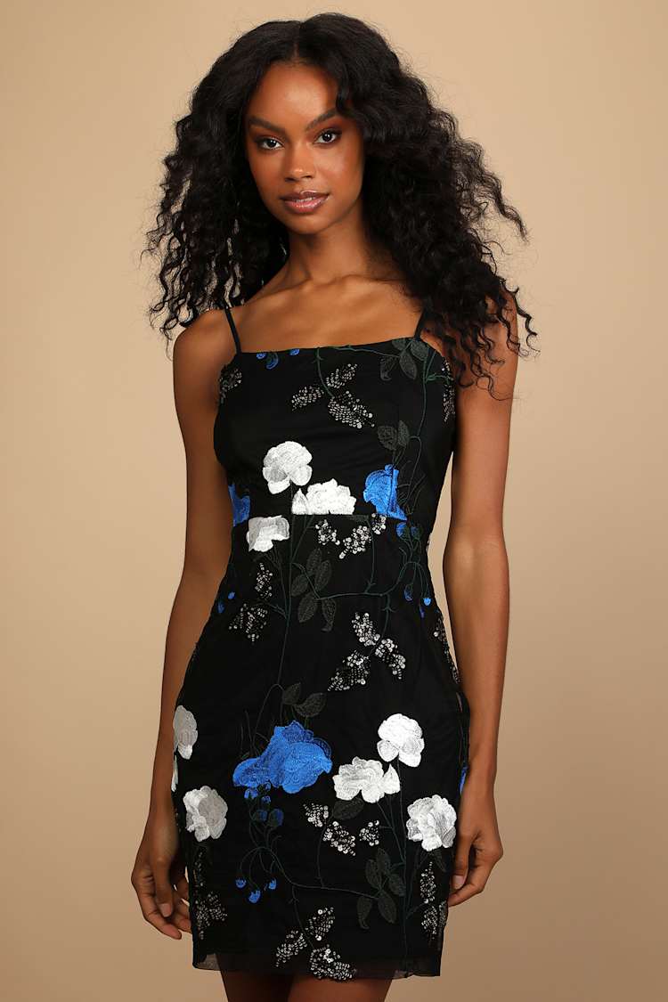 Black Multi Floral Dress - Embroidered Dress - Sequin Mini Dress - Lulus
