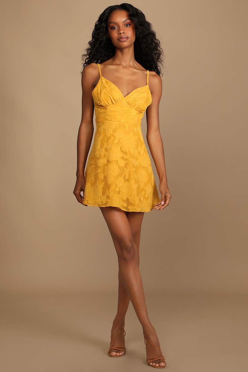 Thriving Love Mustard Yellow Burnout Floral Mini Skater Dress Thriving Love Mustard Yellow Burnout Floral Mini Skater Dress