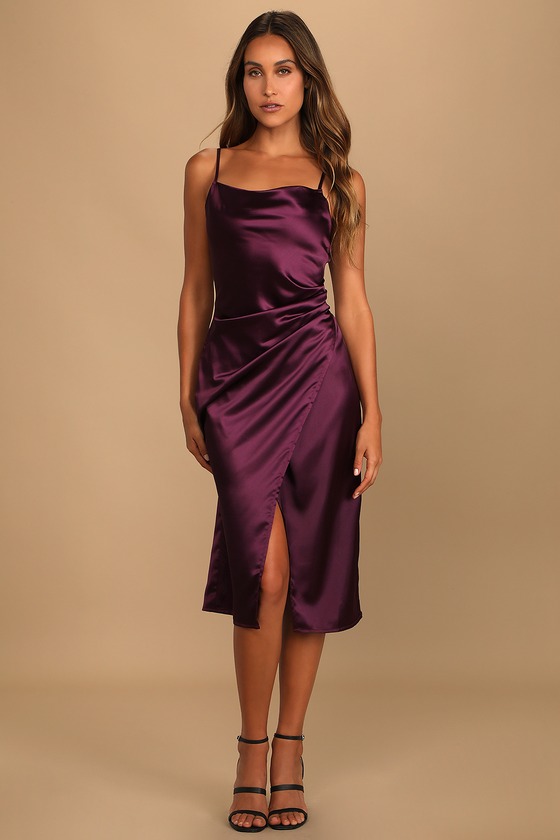 Plum Purple Dress - Satin Dress - Midi ...