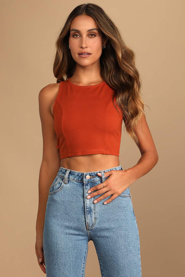 Let's Tie It Rust Orange Tie-Back Cropped Tank Top