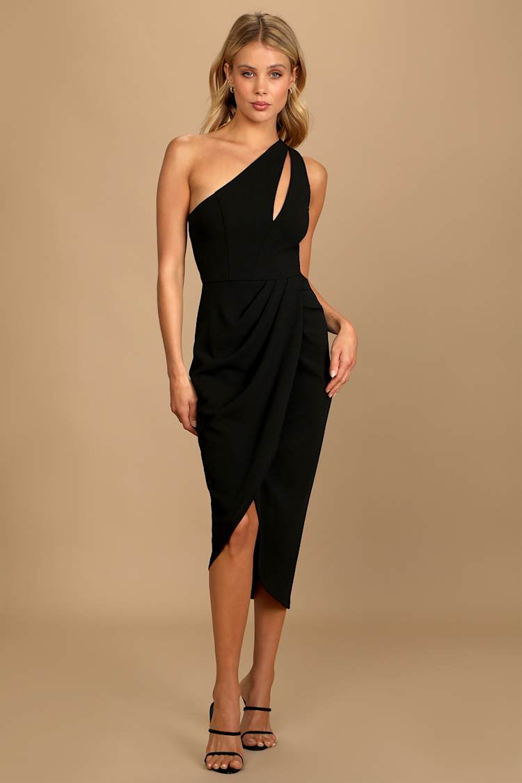 Black Midi Dress - One-Shoulder Dress - Asymmetrical Dress - LBD - Lulus