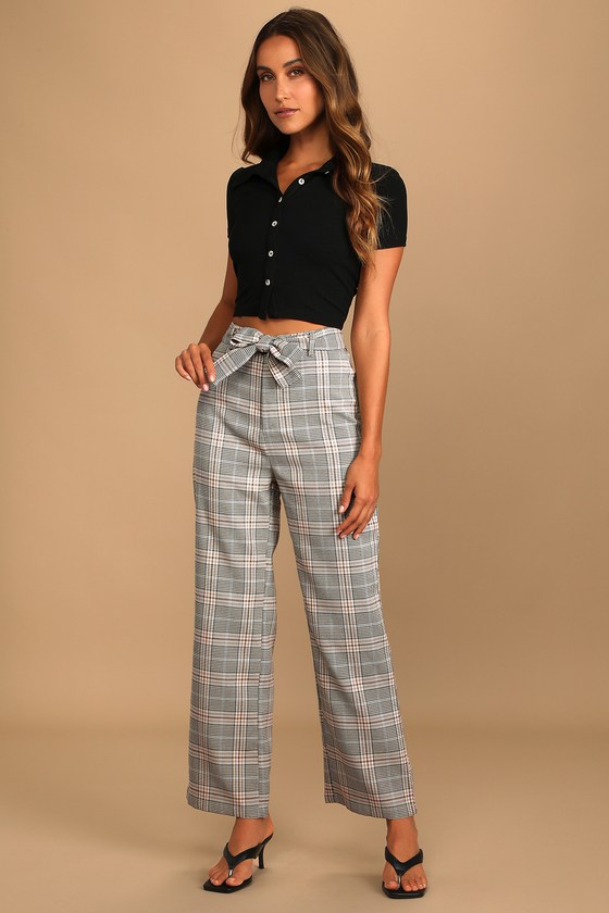 Stylish High Waist Grey Checkered Trousers for Women - 109F.com