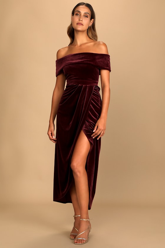 I'm Enchanted Burgundy Velvet Off-the-Shoulder Maxi Dress 4