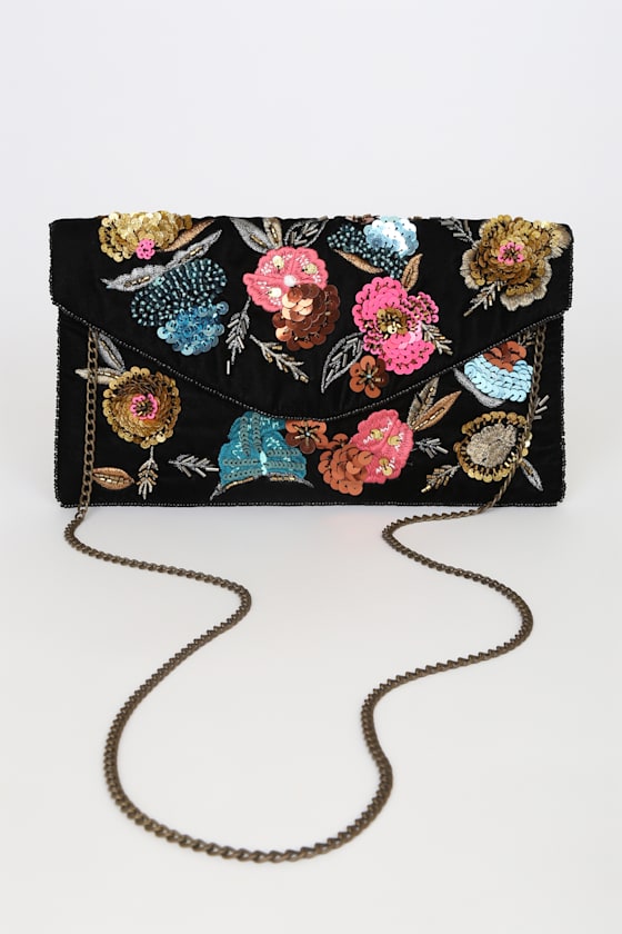 Midnight Blooms Black Velvet Floral Sequin Clutch 4