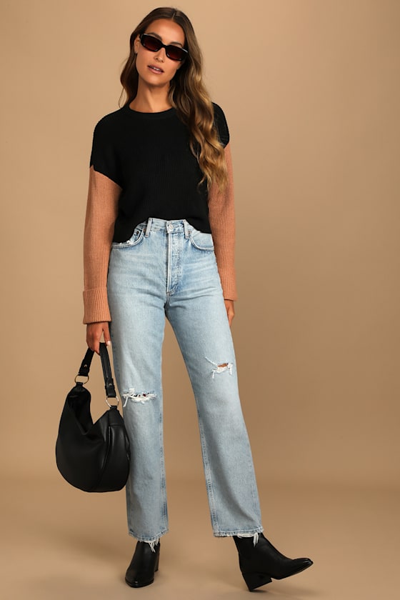 Crisp Weather Black Color Block Knit Cropped Sweater 1