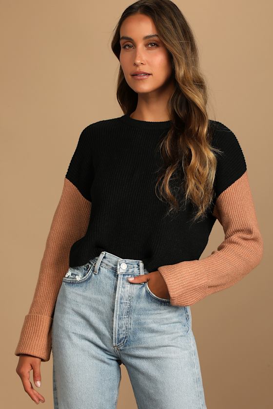 Crisp Weather Black Color Block Knit Cropped Sweater 2