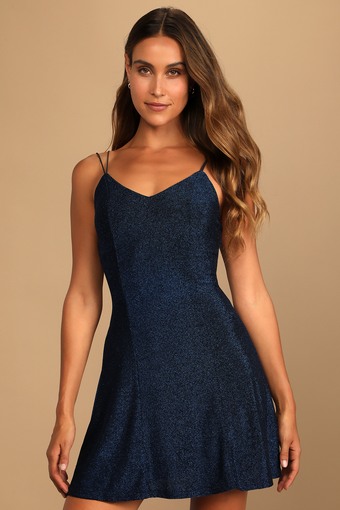 Shimmer and Glow Shiny Blue Sleeveless Mini Dress