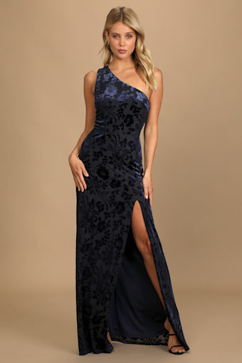 Marvelous Moi Navy Blue Burnout Velvet One-Shoulder Maxi Dress 4