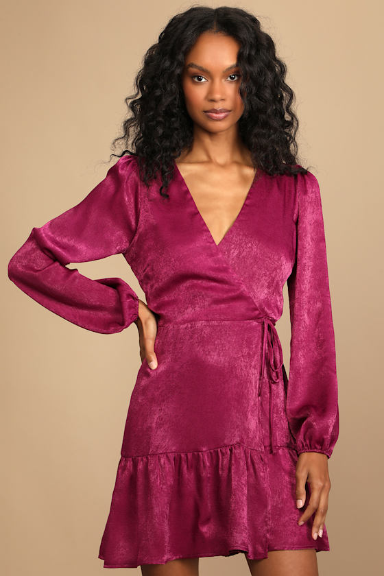 So Splendid Magenta Purple Satin Long Sleeve Wrap Dress 4