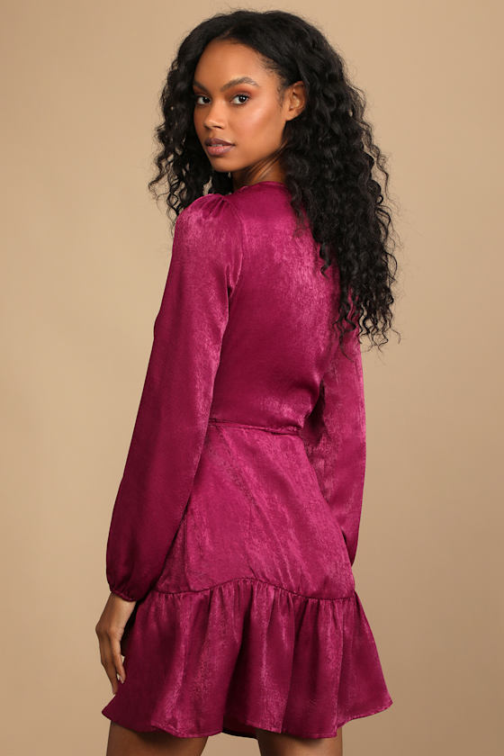 So Splendid Magenta Purple Satin Long Sleeve Wrap Dress 2