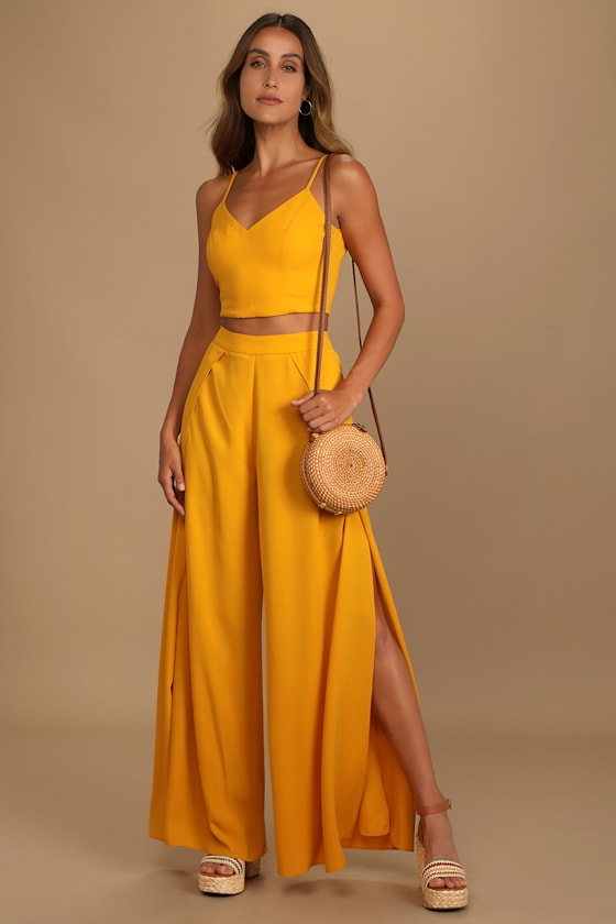 Mustard Yellow Jumpsuit TwoPiece Jumpsuit LaceUp Jumpsuit Lulus