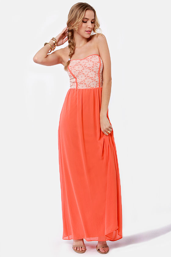 Orange and White Strapless Maxi Dress