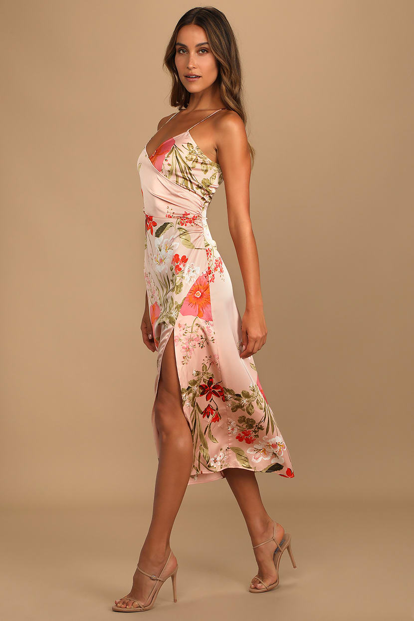 Pink Floral Print Dress - Satin Midi Dress - Surplice Dress - Lulus