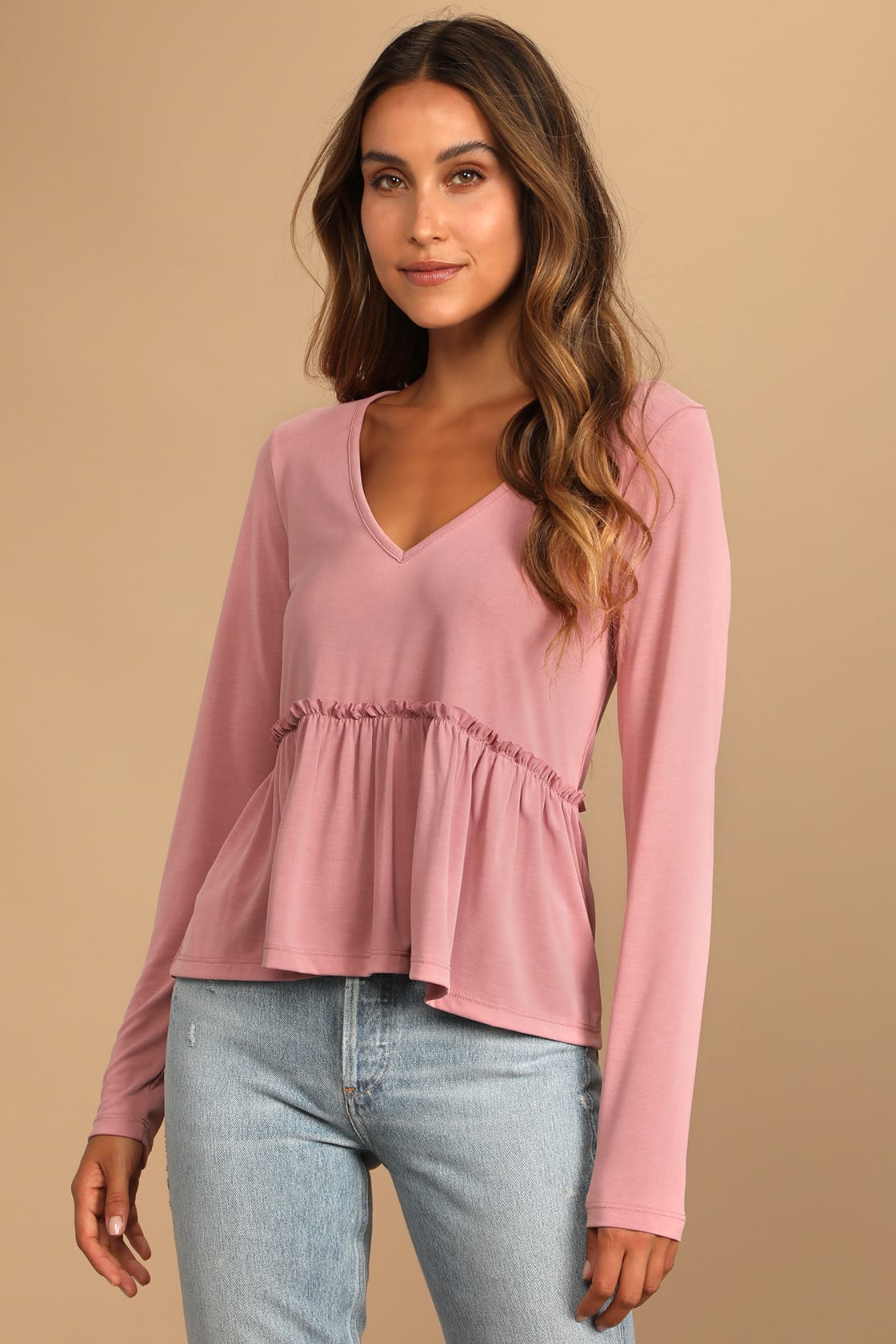 Dusty Rose Top - Ruffled Top - Long Sleeve Top - V-Neck Top - Lulus