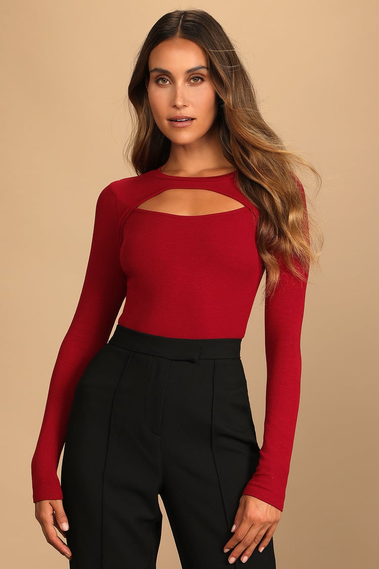 insertar espontáneo Frustrante Sexy Wine Red Cutout Top - Long Sleeve Top - Front Cutout Top - Lulus