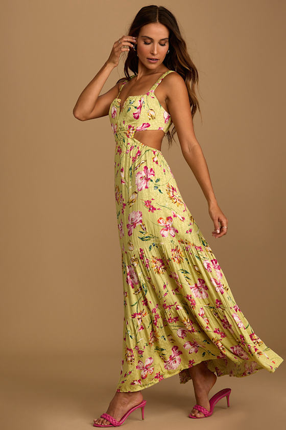 Sweet Statement Chartreuse Floral Print Cutout Maxi Dress 1