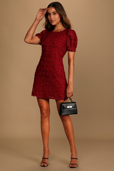 Always For You Wine Red Puff Sleeve Mini Dress