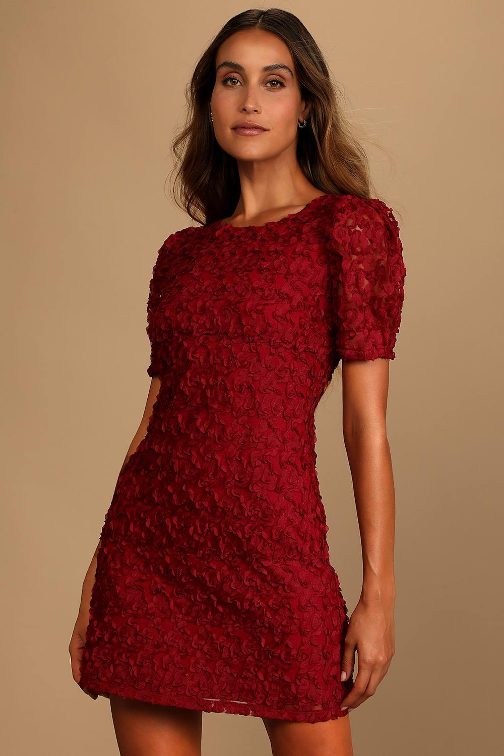 Always For You Wine Red Puff Sleeve Mini Dress