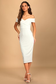 Cordially Invited White Off-the-Shoulder Bow Back Midi Dress