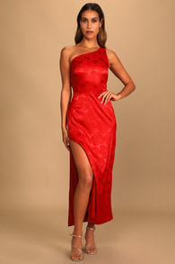 Chasing Desire Red Satin Jacquard One-Shoulder Maxi Dress