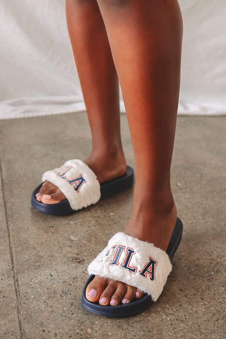 FILA Furry Drifter - White Sandals - Faux Fur Sandals - Lulus