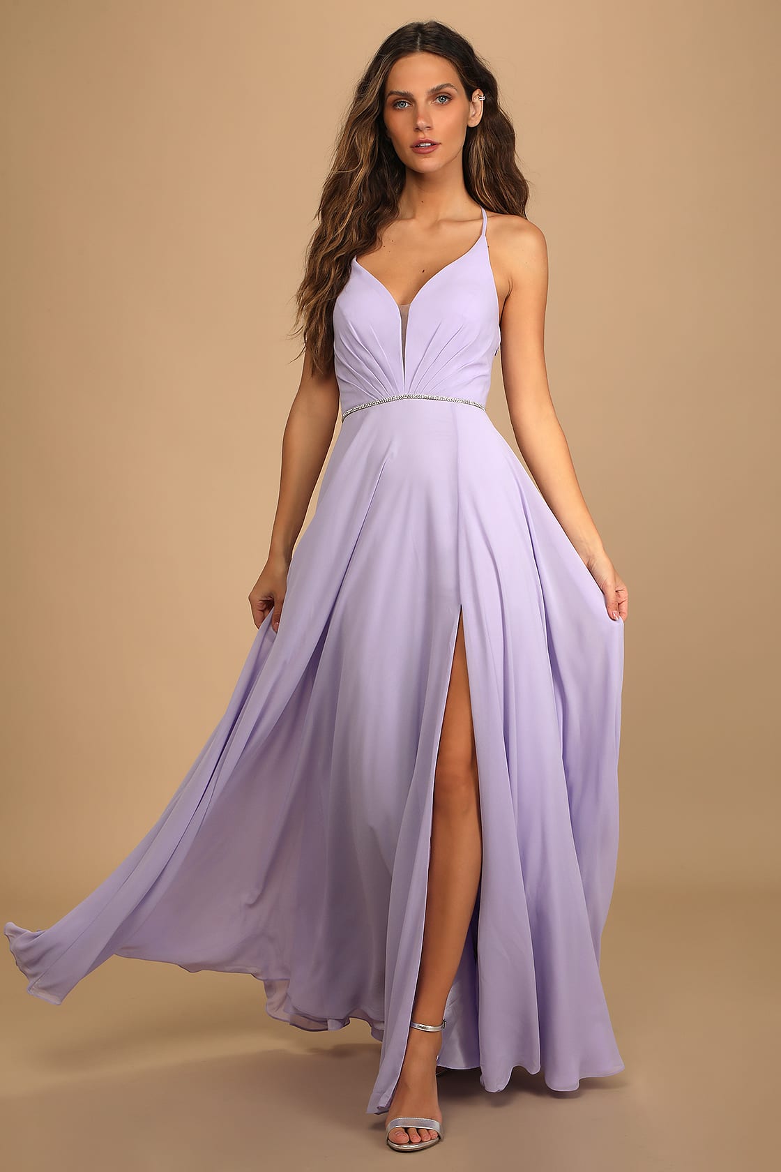 She's Gorgeous Lavender Lace-Up Rhinestone Maxi Dress