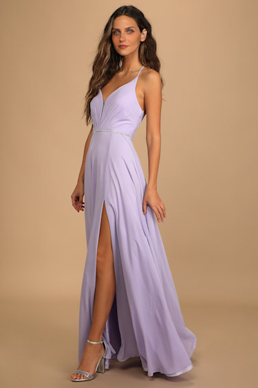 She's Gorgeous Lavender Lace-Up Rhinestone Maxi Dress