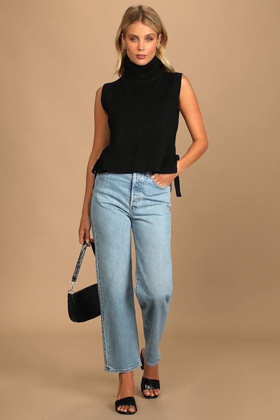 Chic Expectations Black Ribbed Turtleneck Side-Tie Sweater Top 5