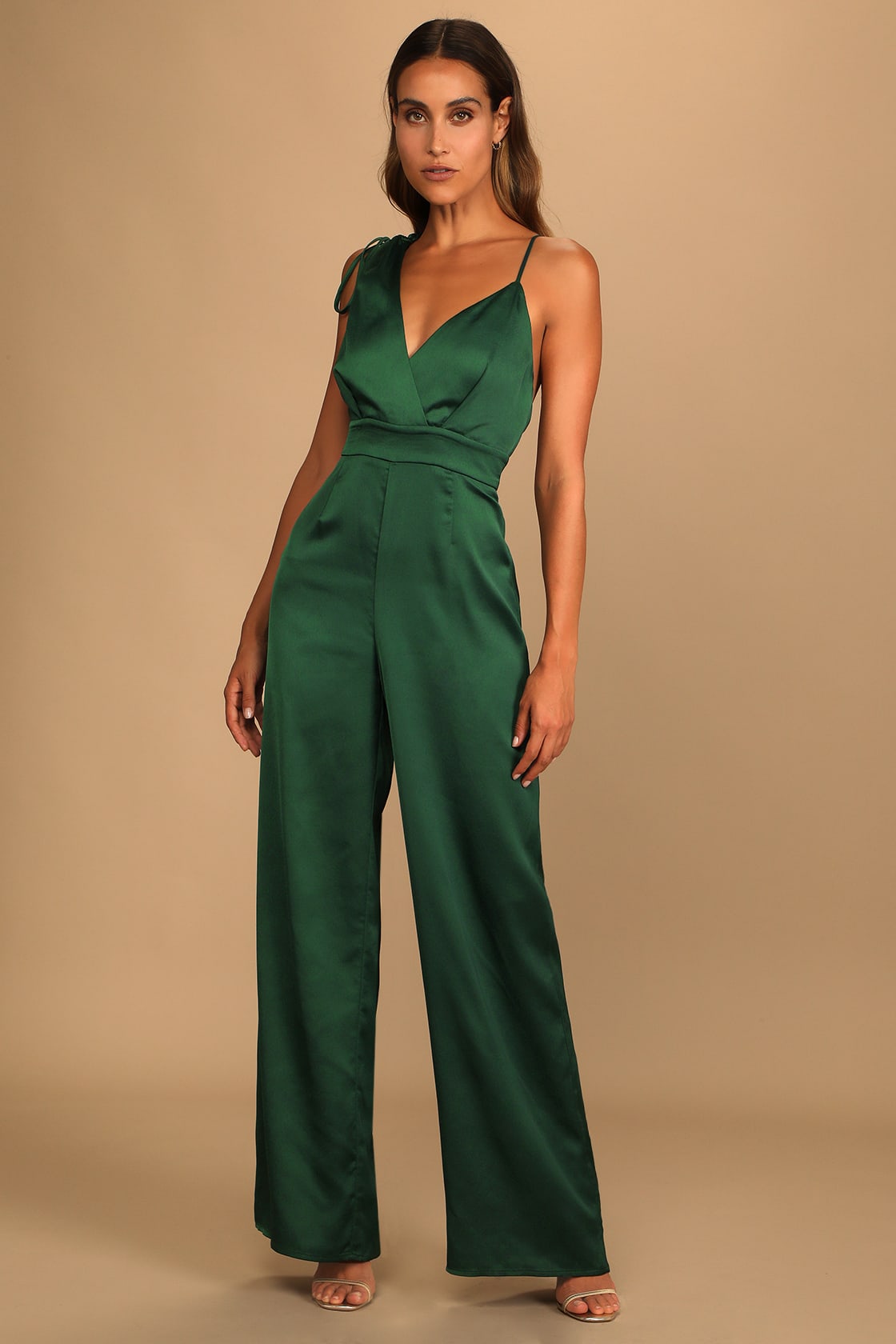 Emerald Green Satin Asymmetrical Wide-Leg Jumpsuit for Wedding Guests