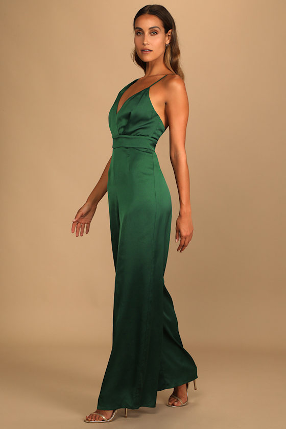 Look of Luxe Emerald Green Satin Asymmetrical Wide-Leg Jumpsuit 6