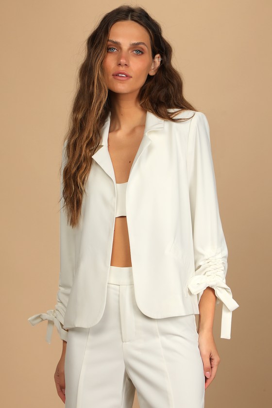 Ivory Blazer - Tie-Sleeve Blazer - Ruched Sleeve Blazer - Lulus