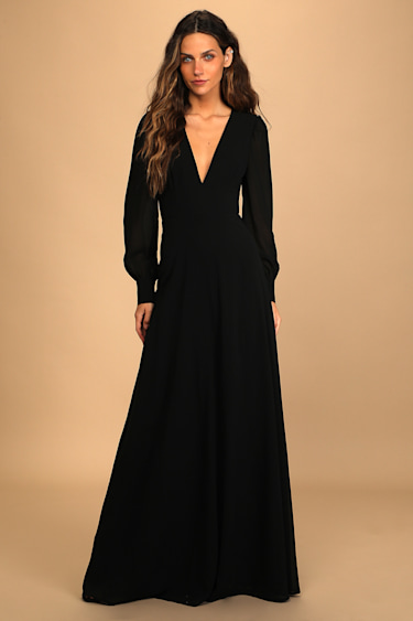Black Maxi Dress Chic Open Back Dress Long Sleeve Maxi Dress