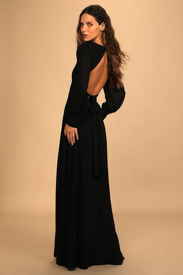 Black Maxi Dress - Chic Open Back Dress - Long Sleeve Maxi Dress - Lulus