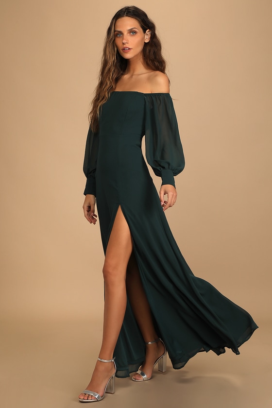 Feel the Romance Emerald Green Off-the-Shoulder Maxi Dress