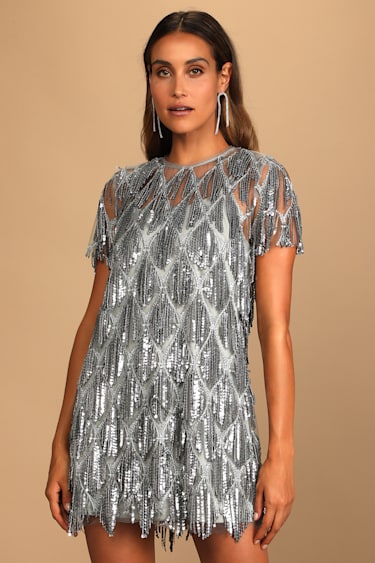 On the Dance Floor Grey Sequin Fringe Short Sleeve Shift Dress