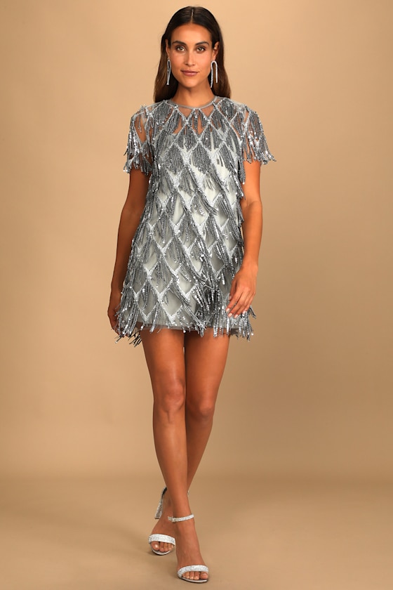 On the Dance Floor Grey Sequin Fringe Short Sleeve Shift Dress 5