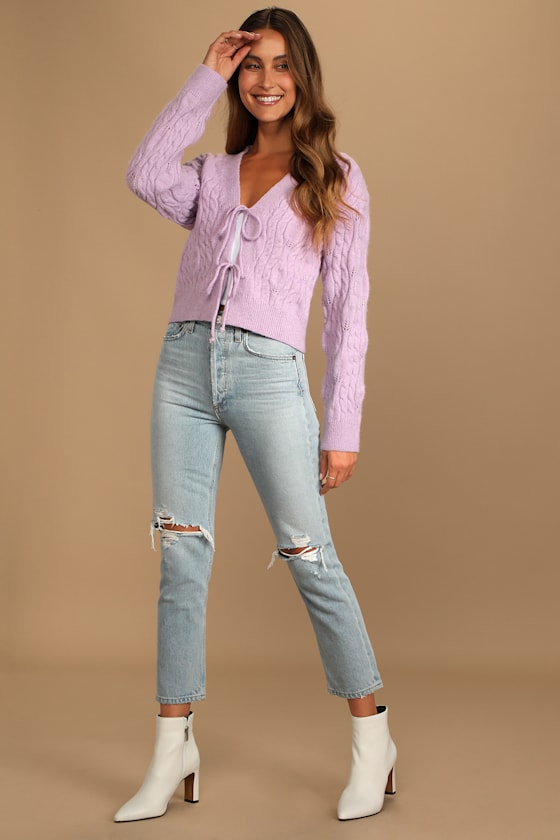 Lilac Self Tie Cardigan Sweater