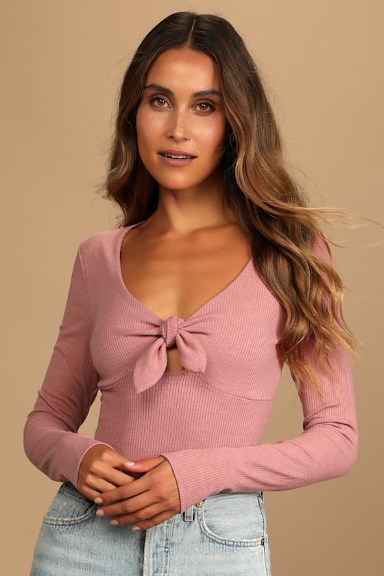 Ready or Knot Mauve Ribbed Tie-Front Long Sleeve Top 1