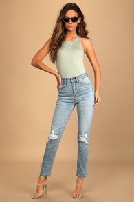 Number One Choice Light Wash Distressed High Rise Mom Jeans