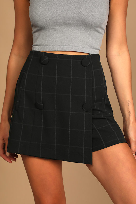 Black Plaid Skort Windowpane Plaid Skort HighRise Mini Skort Lulus